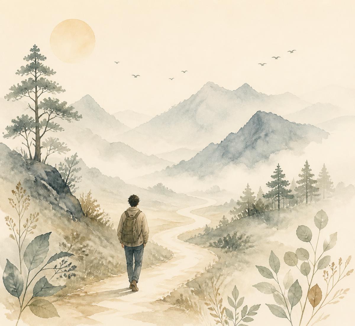 Ilustración en acuarela de una persona caminando por un sendero hacia las montañas